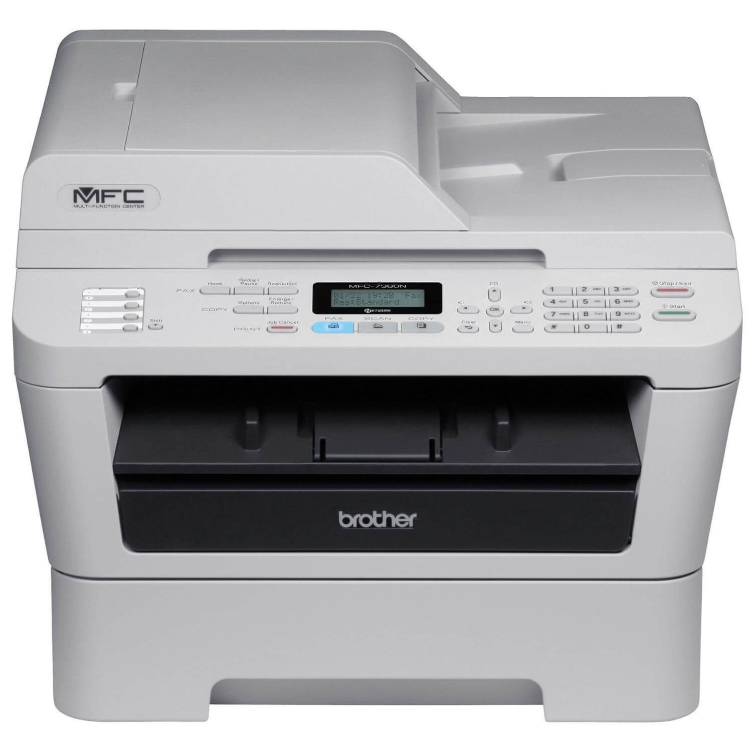 The MFC-7360N is a compact and affordable laser all-in-one ideal for small offices or home offices. It produces fast, high-quality monochrome laser printing and copying at up to 24ppm, as well as color scanning and faxing into one space-saving design. It also offers a built-in Ethernet interface for sharing with others on your network.The MFC-7360N provides flexible paper handling via an adjustable, 250-sheet capacity tray and a manual by-pass slot for printing thicker media. A 35-page capacity automatic document feeder allows you to copy, scan or fax multi-page documents quickly and easily. Additionally, it offers a high-yield 2,600-page replacement toner cartridge to help lower operating costs.what's in the box : Starter Toner Cartridge (yields approx. 700 pages), DR420 Drum Unit (yields approx. 12,000 pages), Quick Setup Guide and Basic User's Guide, AC Power Cord, Telephone Line Cord and Installation CD-ROM.
